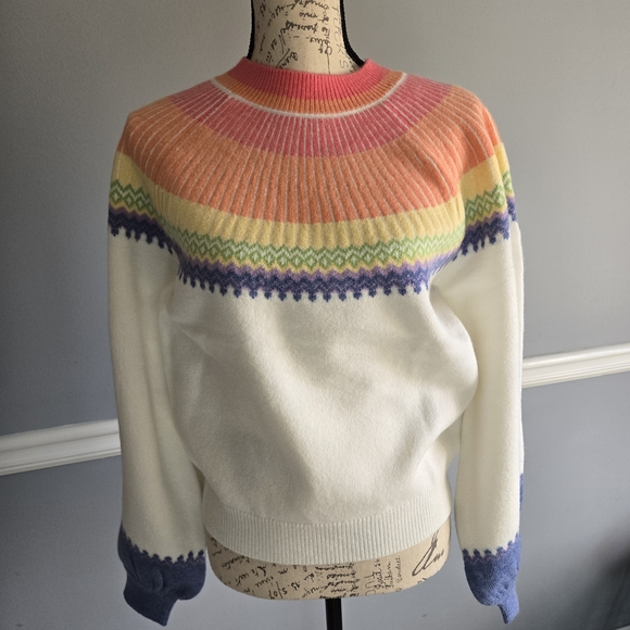 Avara Sweaters - Cream Fair Isle Yoke Crewneck Sweater with Rainbow Accents
